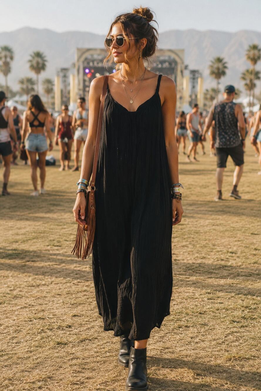 Black Crinkle Gauze Maxi Dress Adjustable Tie Back Boho Resort Loungewear